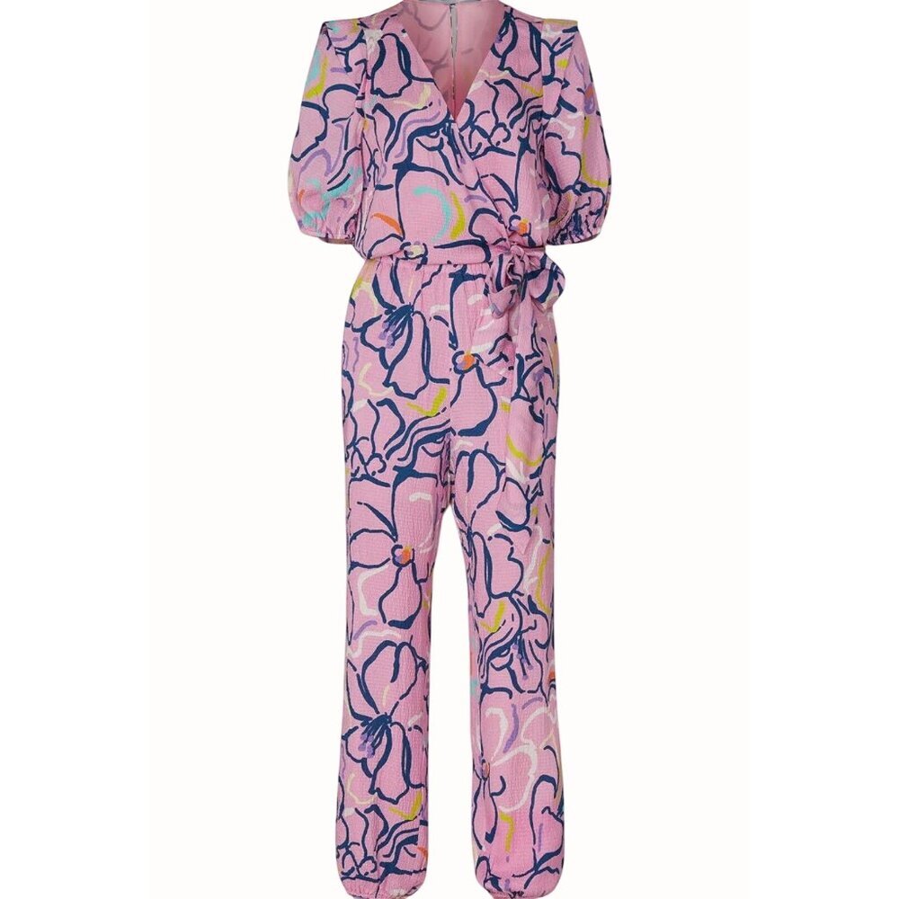 Tanya Taylor Luxury Designer 4 Pink Floral Jumpsuit VNeck Puff Sleeves Tie Waist